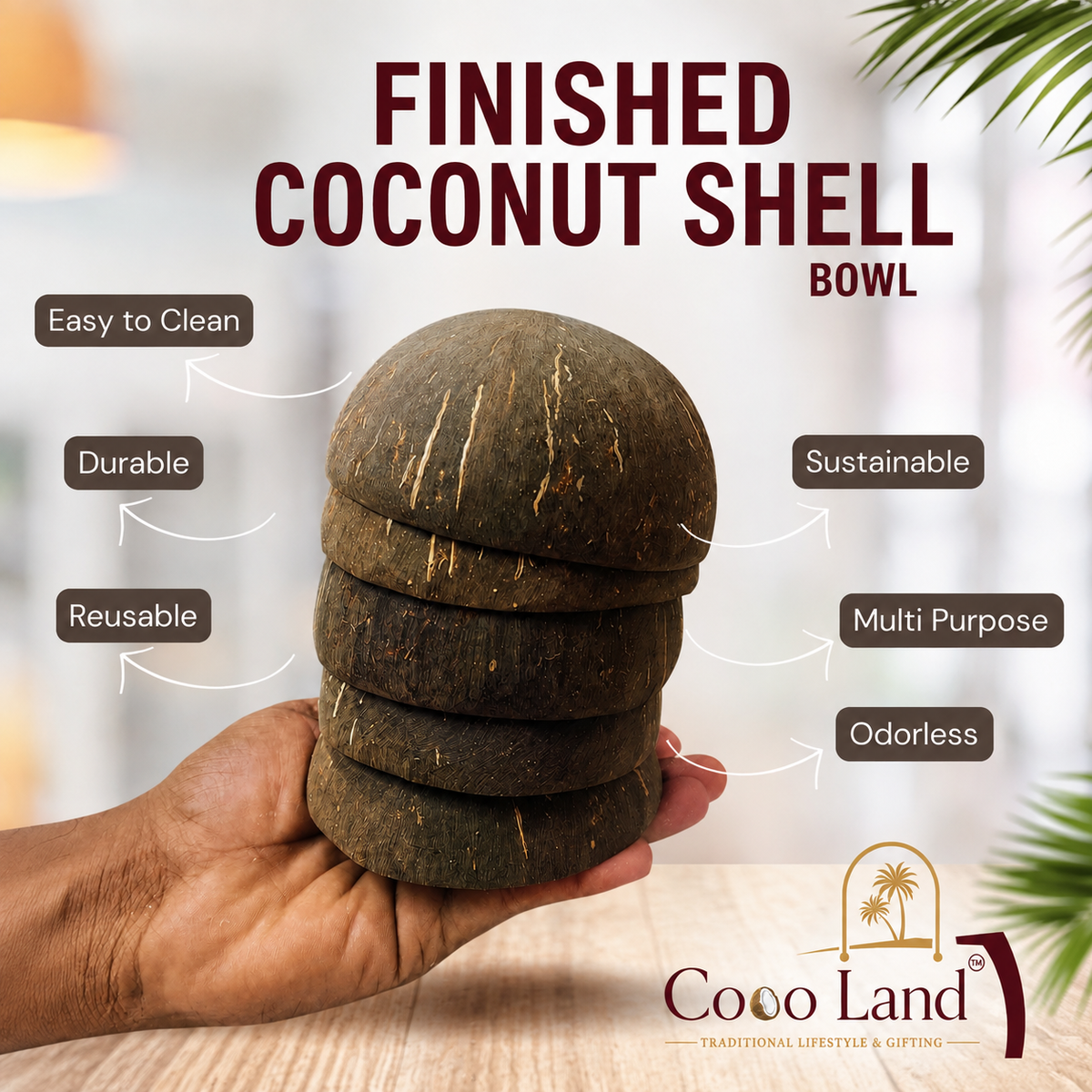 CocoLand Coconut Shell FINISHED BOWL (150 ml, 8-10 cm) Round Eco Friendly Candle Holder for DIY Candle Making