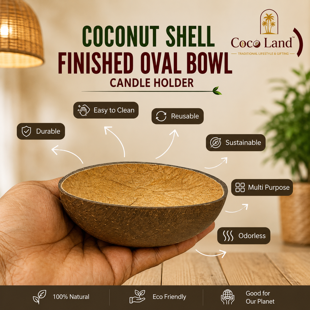 CocoLand Oval Coconut Shell NATURAL BOWL | Oval Eco Friendly Candle Holder for DIY Candle Making