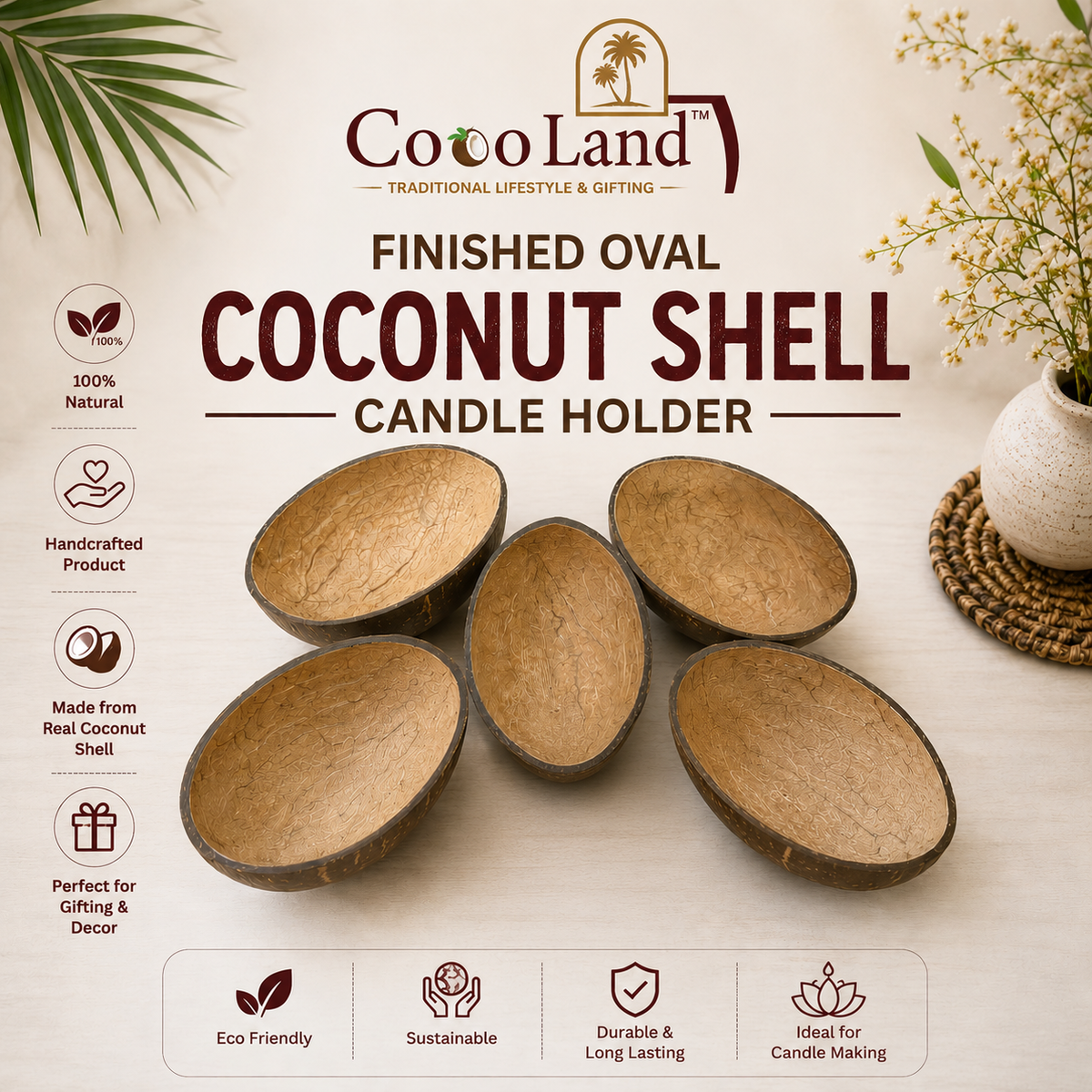 CocoLand Oval Coconut Shell NATURAL BOWL | Oval Eco Friendly Candle Holder for DIY Candle Making
