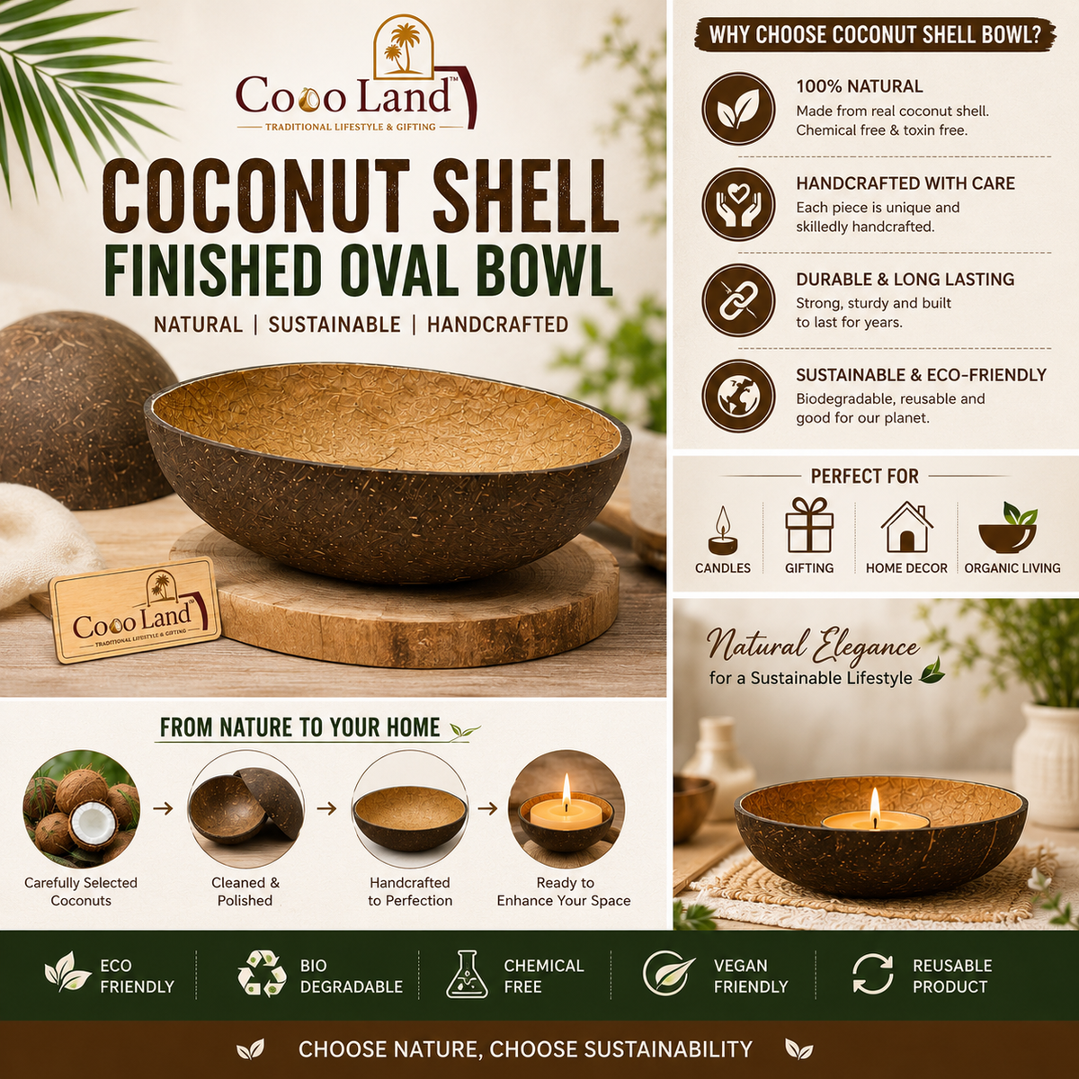 CocoLand Oval Coconut Shell NATURAL BOWL | Oval Eco Friendly Candle Holder for DIY Candle Making